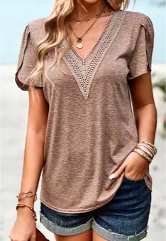 V-Neck Brown & Lace Top Discount