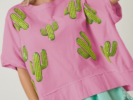 Pink, Cactus Embroidered Oversize Top For Cheap