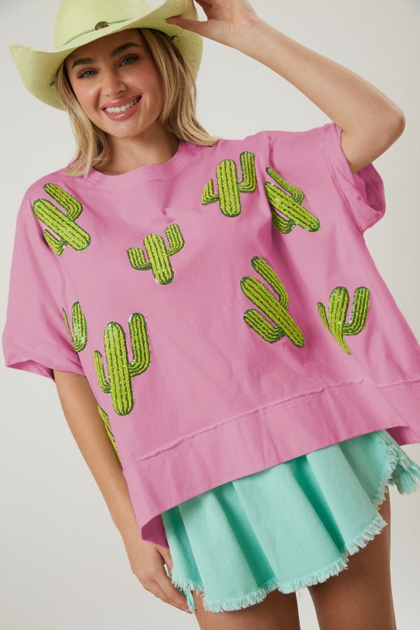 Pink, Cactus Embroidered Oversize Top For Cheap