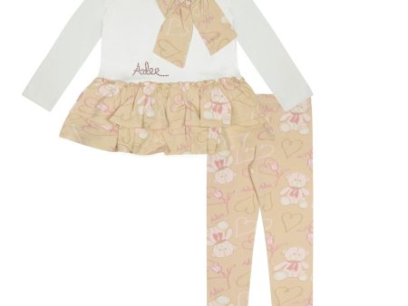 A DEE - Abstract Teddy Summer Teddy Print Bow Legging Set - Beige Supply