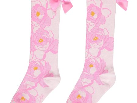 A DEE - Peony Dreams Aurora Peony Print Knee High Socks - Pink Discount