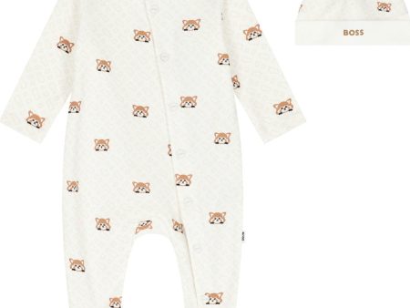 HUGO BOSS - Cotton Print Babygrow  & Hat Set -  Cream on Sale