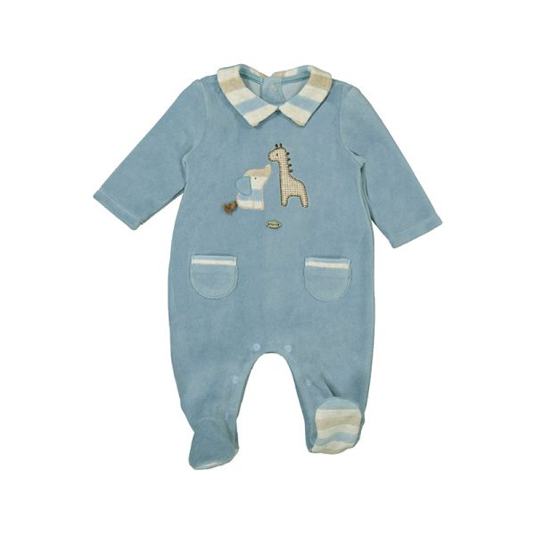 MAYORAL - Elephant & Giraffe Velour Babygrow - Blue For Cheap