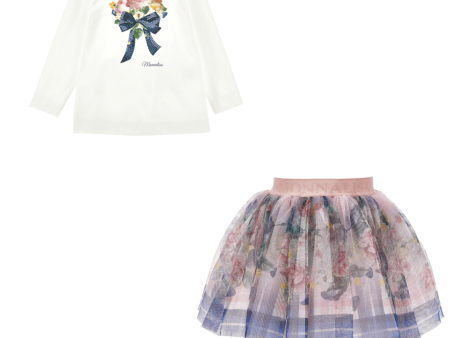 MONNALISA - Roses Jersey Top & Tulle Skirt Set - Pink For Discount