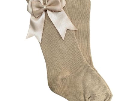 TAMBINO - Knee High Double Bow Socks - Camel Online now