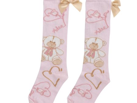 A DEE - Abstract Teddy Sloane Teddy Print Knee High Socks - Baby Pink Online Sale