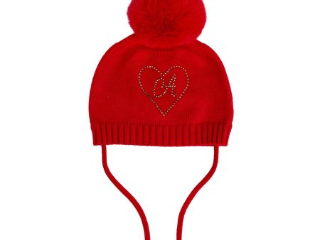 LITTLE A - Festive Heart Pom Pom Hat - Red Cheap