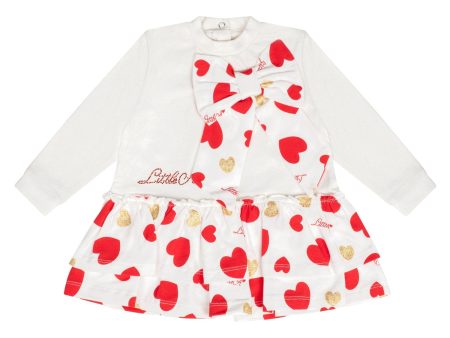 LITTLE A -  Festive Hearts Hannah Heart Print Bow Dress - Snow White Online Hot Sale