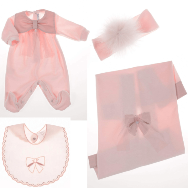 BARCELLINO - Bow Baby Layette Four Piece Set - Pink Hot on Sale