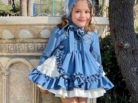 LA AMAPOLA - Matilda Baby Dress & Bonnet - Blue Online Sale