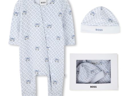 HUGO BOSS - Cotton Print Babygrow  & Hat Set -  Blue For Sale