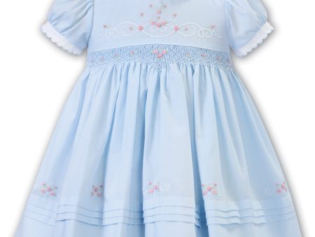 SARAH LOUISE -  Smocked Peter Pan Collar With Pink Flower Detail Dress - Blue For Sale