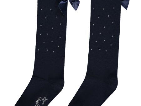 A DEE - Back To School Penny Bow Diamante Knee High Socks - Navy Fashion