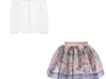 MONNALISA - Roses Blouse & Tulle Skirt Set - Pink on Sale