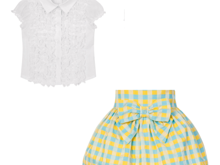 BALLOON CHIC - Ruffle Blouse & Check Skirt Set - Yellow Online now