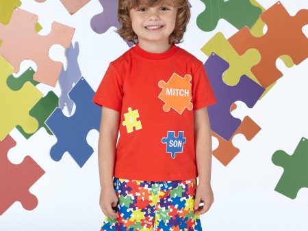 MITCH & SON -Vale & Vinny Primary Puzzles Swim Shorts & Tshirt - Red For Sale