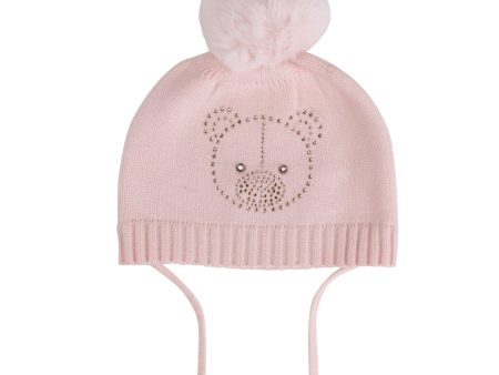 LITTLE A - Bear Hugs Glynne Bear Knitted Pom Pom Hat - Baby Pink For Cheap