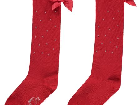 A DEE - Back To School Penny Bow Diamante Knee High Socks - Red Online Hot Sale