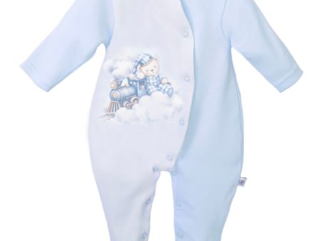 FIRST BABY - Train Babygrow - Blue Online now