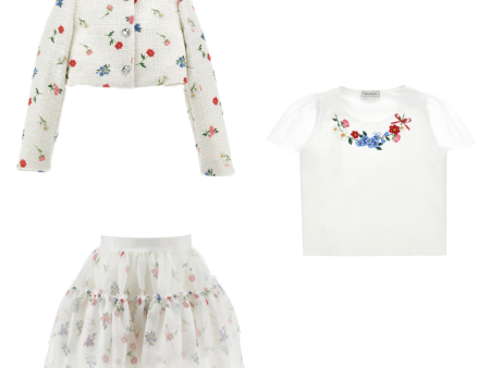 MONNALISA - Flower Garden Three Piece Skirt Set & Jacket - White For Sale