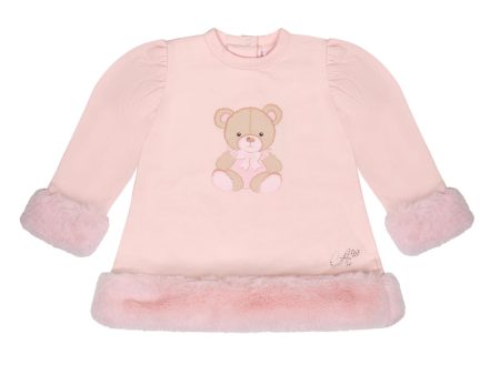 LITTLE A - Bear Hugs Goldie Fur Detail Bear Dress - Baby Pink Online now