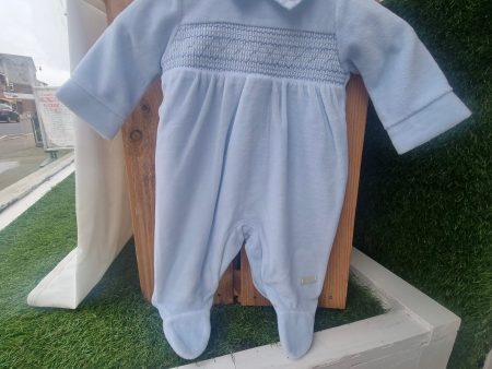 BLUES BABY - Velour Smocking Detail Cotton Babygrow - Blue on Sale