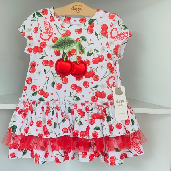 Daga - Fluffy Cherries Jersey Dress - White Supply